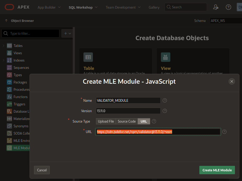 APEX create MLE module - JavaScript wizard